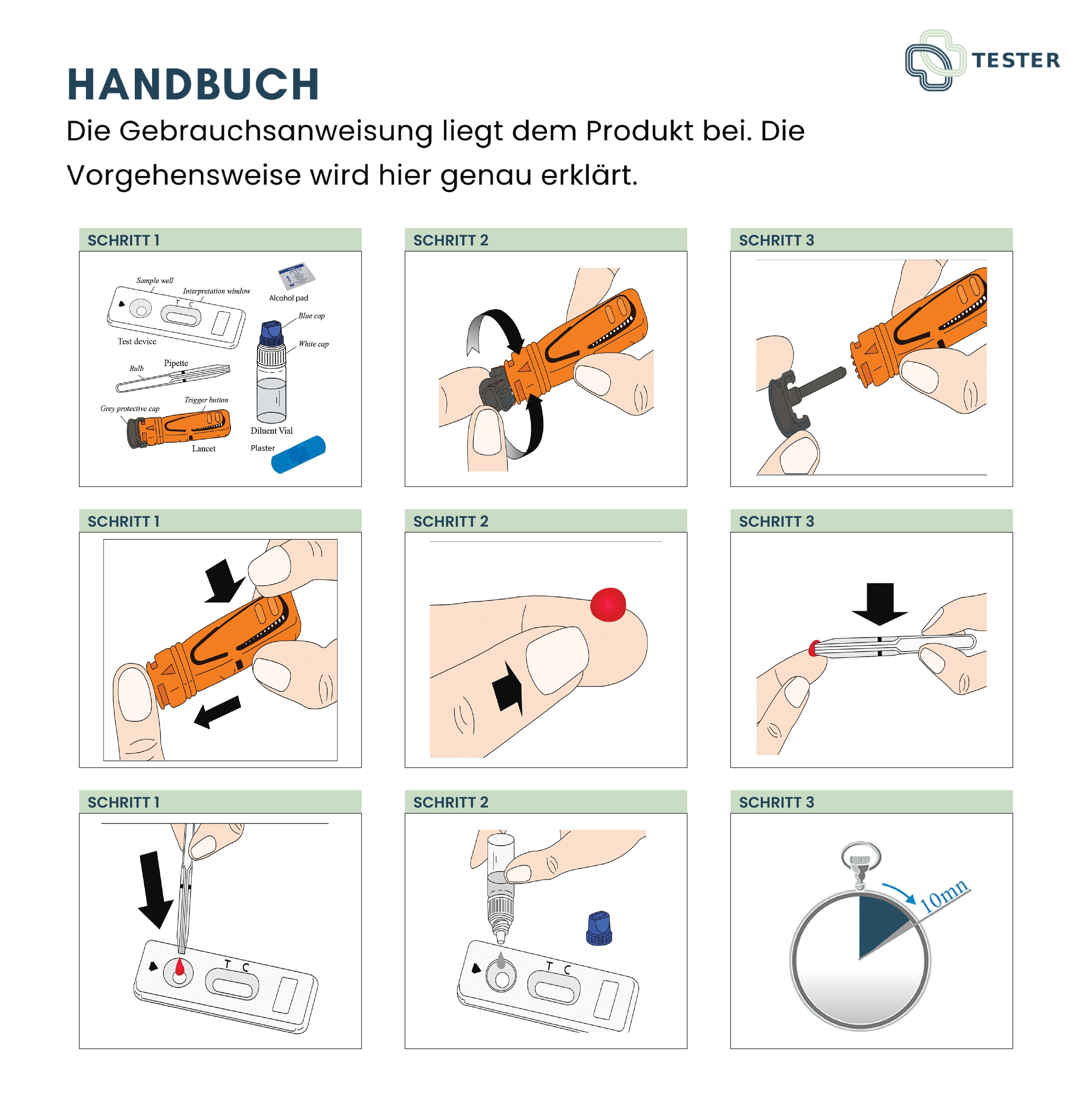 Illustrierte Anleitung mit 9 Schritten zur Durchführung eines Tests. Orangefarbenes Werkzeug, rote Flüssigkeit, Zeitmessung.