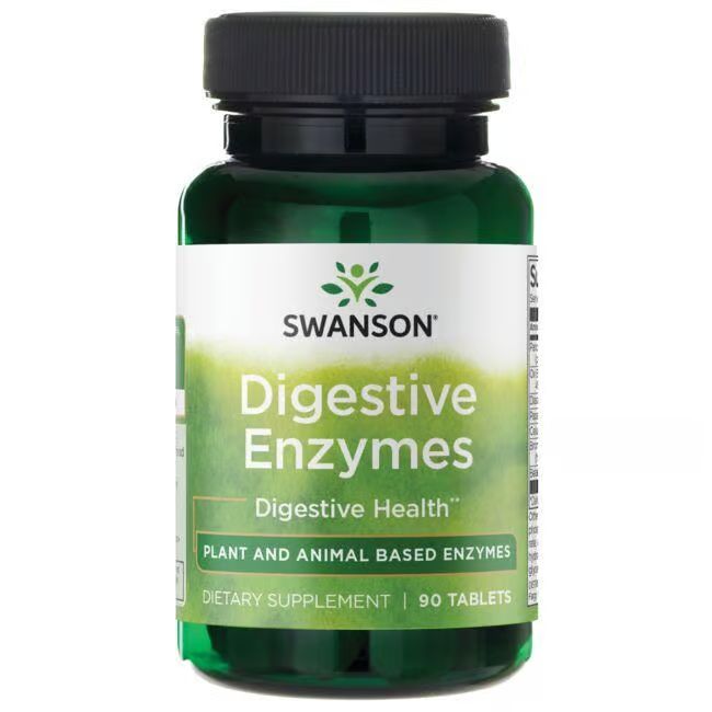 Grüne Flasche mit schwarzem Deckel. Aufschrift: SWANSON Digestive Enzymes, 90 Tabletten. Pflanzliche und tierische Enzyme.