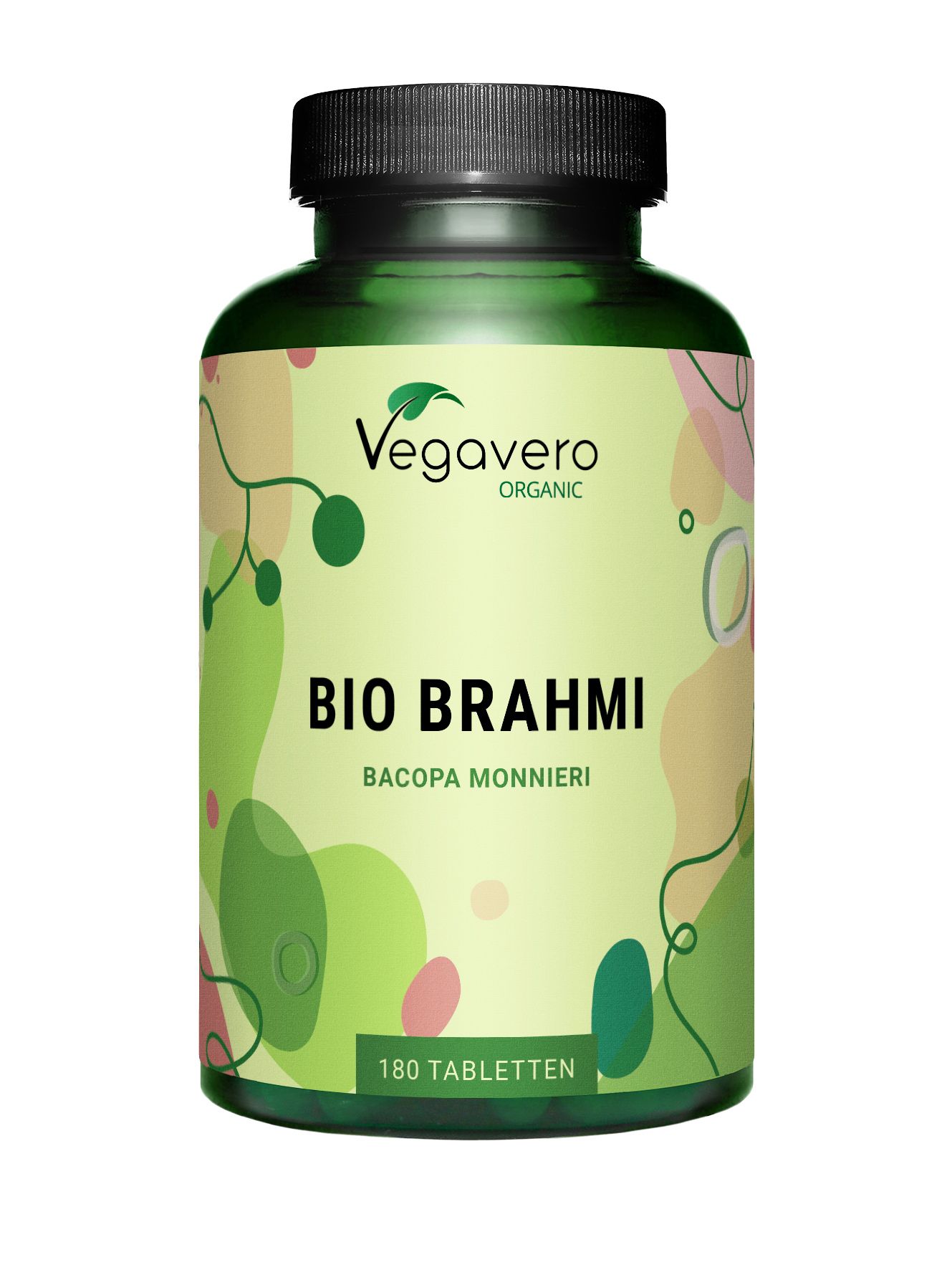 Grüne Flasche mit schwarzen Deckel. Etikett mit "Vegavaro Organic", "BIO Brahmi" und "180 Tabletten".