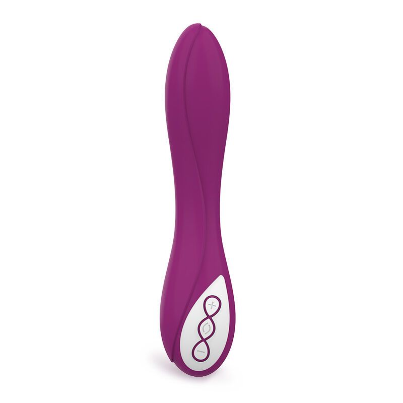 Lila Vibrator mit geschwungener Form. Weiße Akzente. Drei Knöpfe am unteren Ende.