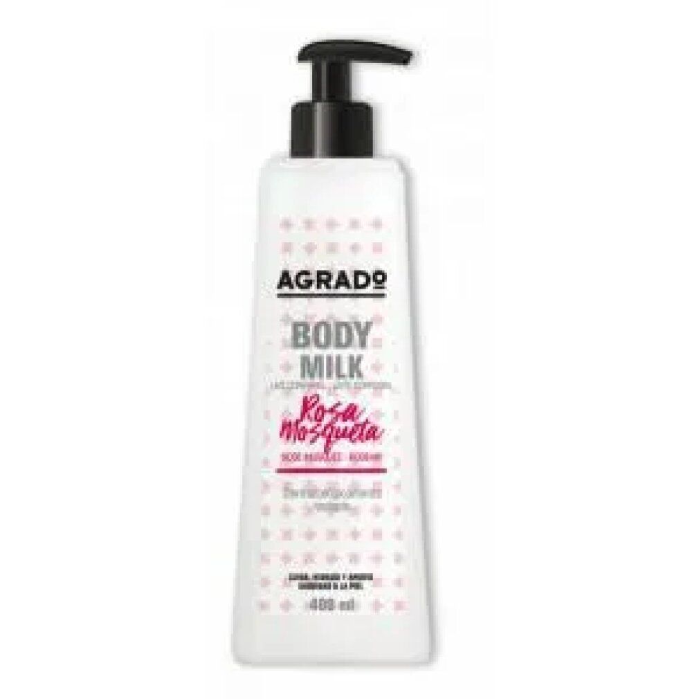 Weiße Flasche mit schwarzem Pumpkopf. Aufschrift: Agrado Body Milk Rosa Mosqueta. 400 ml.