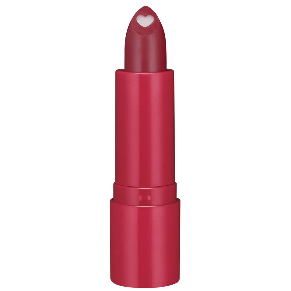 Lippenbalsam mit herzförmiger Spitze. Roter Stift in roter Hülse. Spitze mit weißem Herz. Geöffnet.