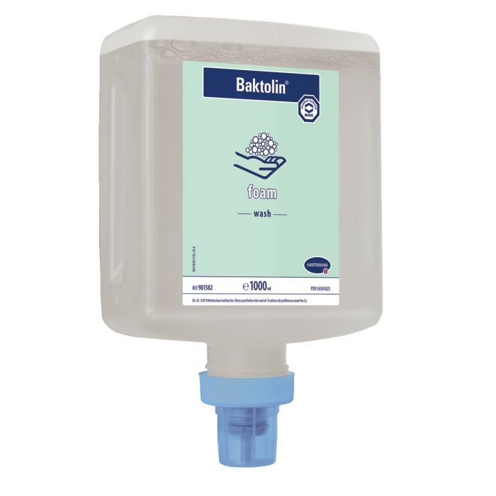 Hartmann Baktolin® Schaum-Nachfüllpackung, 1000ml. Transparenter Behälter mit Etikett, das Hände mit Schaum zeigt.