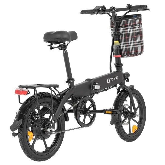 Schwarzes Elektro-Citybike mit Korb. Marke DYU sichtbar. 16-Zoll-Räder, Gepäckträger, Sattel, Lenker, Pedale und Scheibenbremsen.