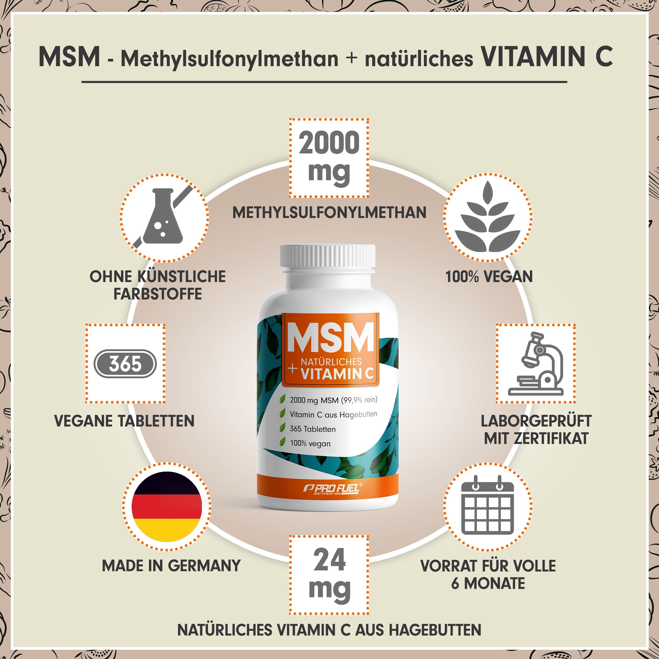 Weiße Flasche mit MSM-Tabletten. Aufschrift: MSM + natürliches Vitamin C. 365 Tabletten, vegan, Laborgeprüft, Made in Germany.