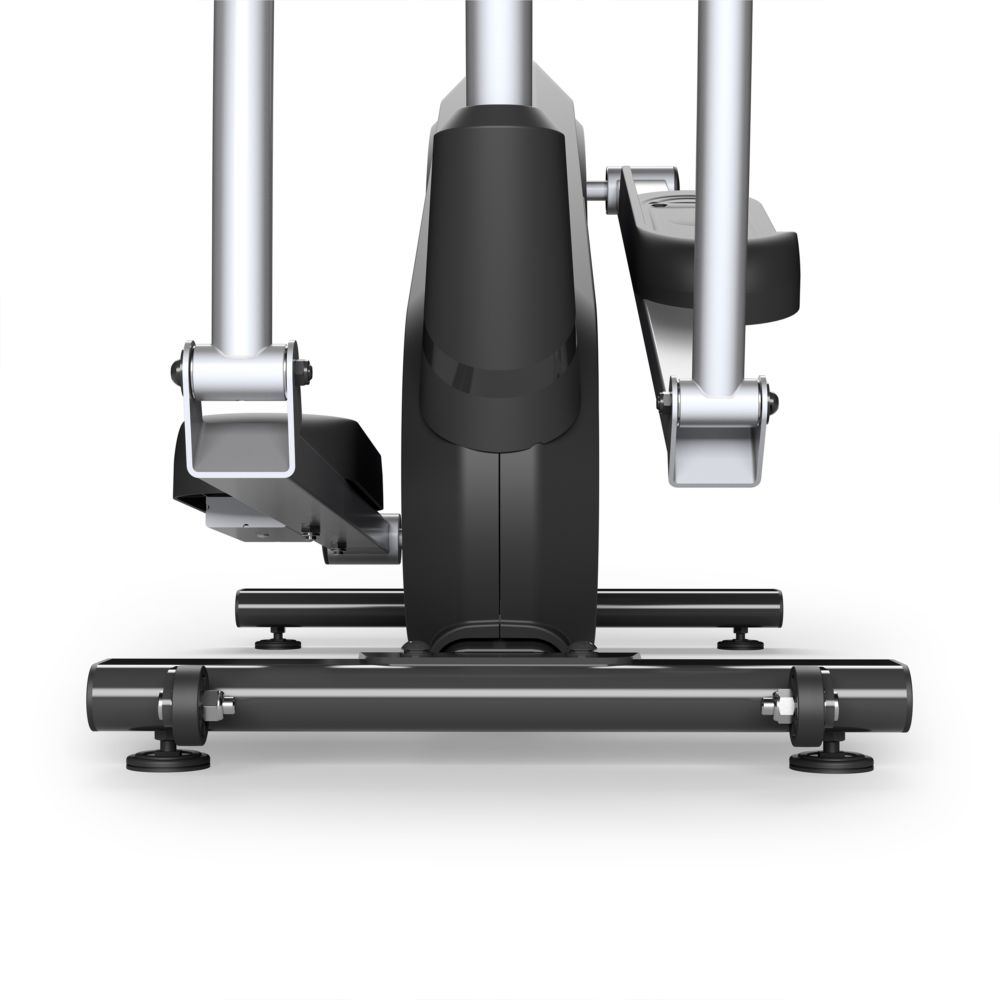 Unteransicht des Horizon Fitness Milos 3.0 Crosstrainer. Schwarze Basis, silberne Stützen, Fußstützen. Bodenkontakt.