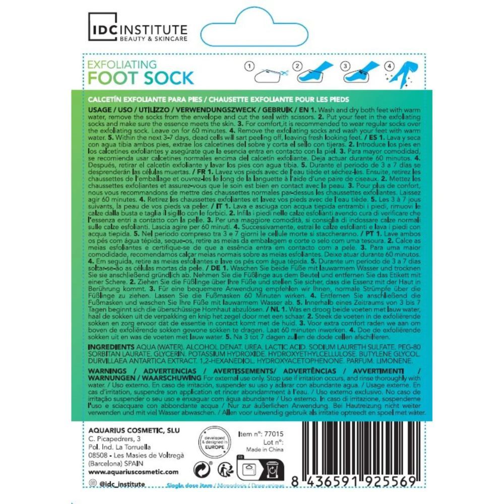 Rückseite einer Fußpeeling-Socken-Verpackung mit Inhaltsstoffen und Anwendungshinweisen.