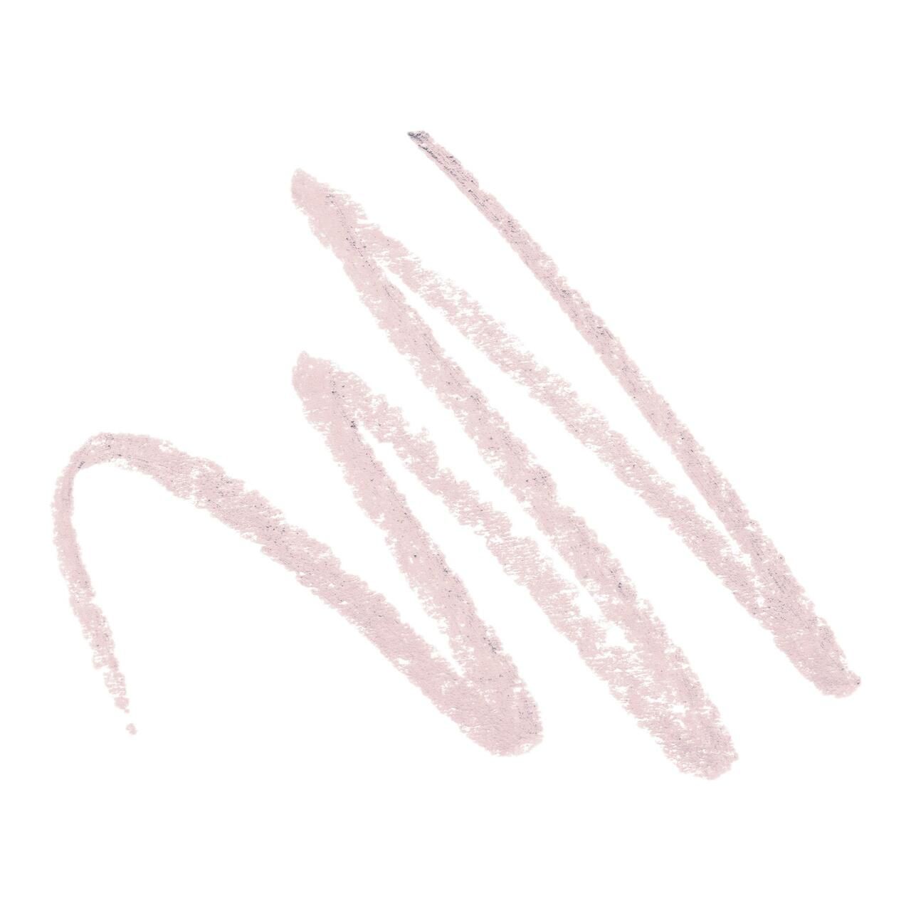 Hellrosa Lipliner-Strich auf weißem Hintergrund. Die Farbe ist in einer geschwungenen Linie aufgetragen.