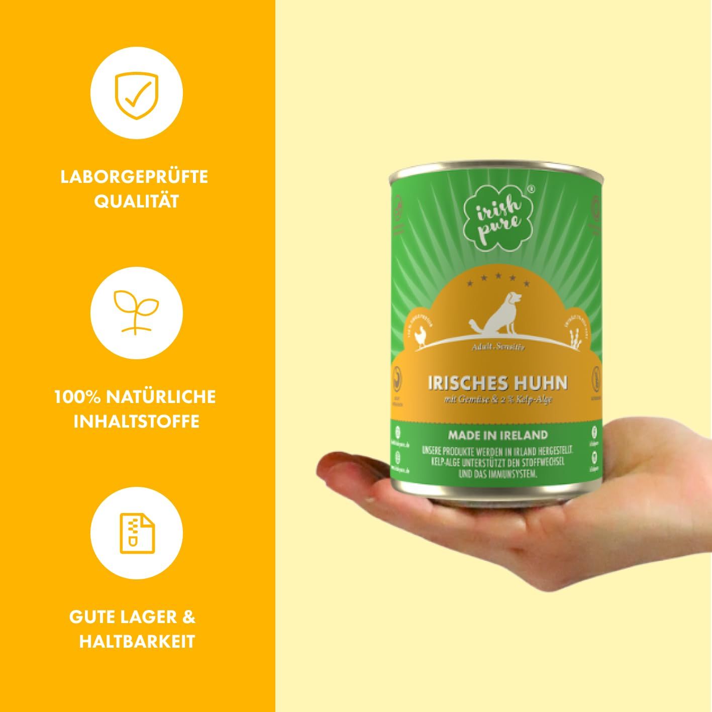 Vergleichstabelle: Irish Pure Hundefutter (links) vs. Konkurrenz (rechts). Vorteile: >50% Fleisch, getreidefrei, sojafrei, keine Füllstoffe, zuckerfrei.