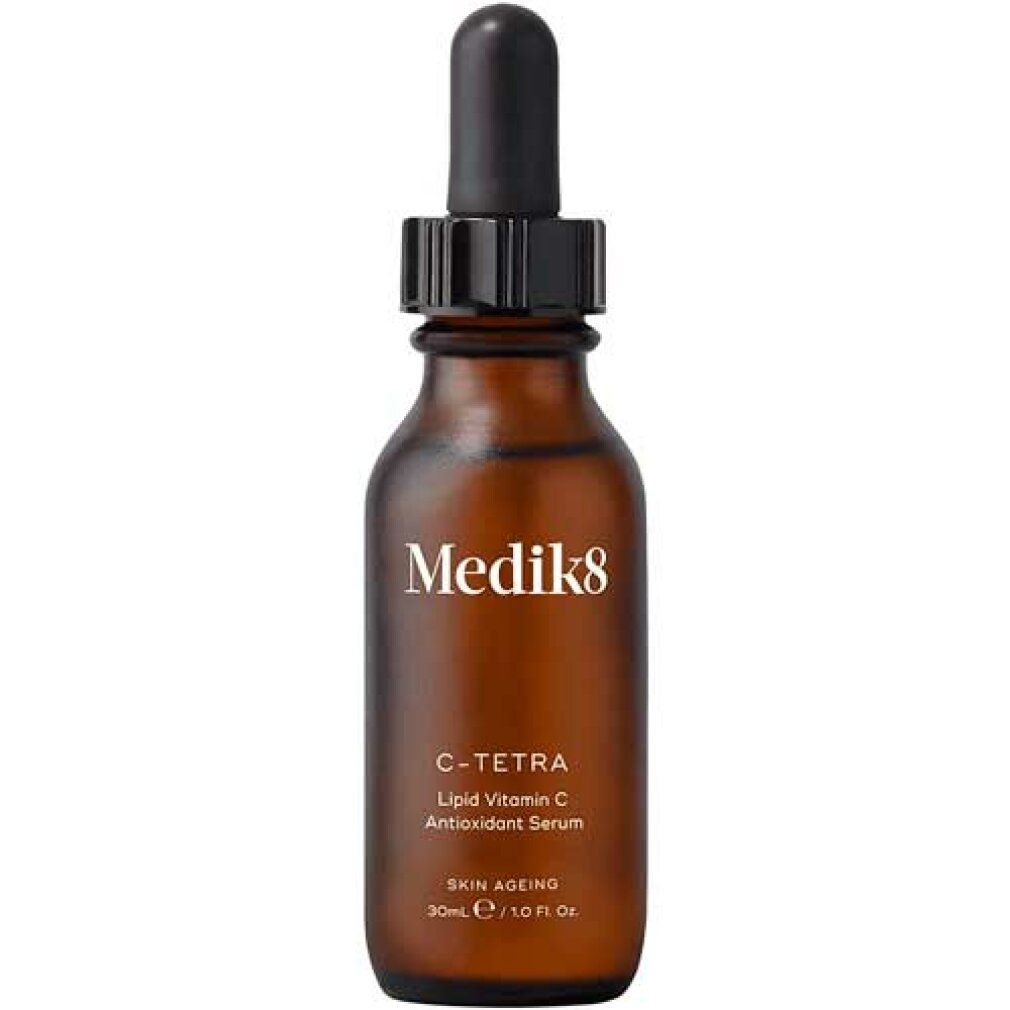 Braune Glasflasche mit schwarzem Deckel und Pipette. Aufschrift: Medik8, C-Tetra, Lipid Vitamin C, Antioxidant Serum. 30ml.