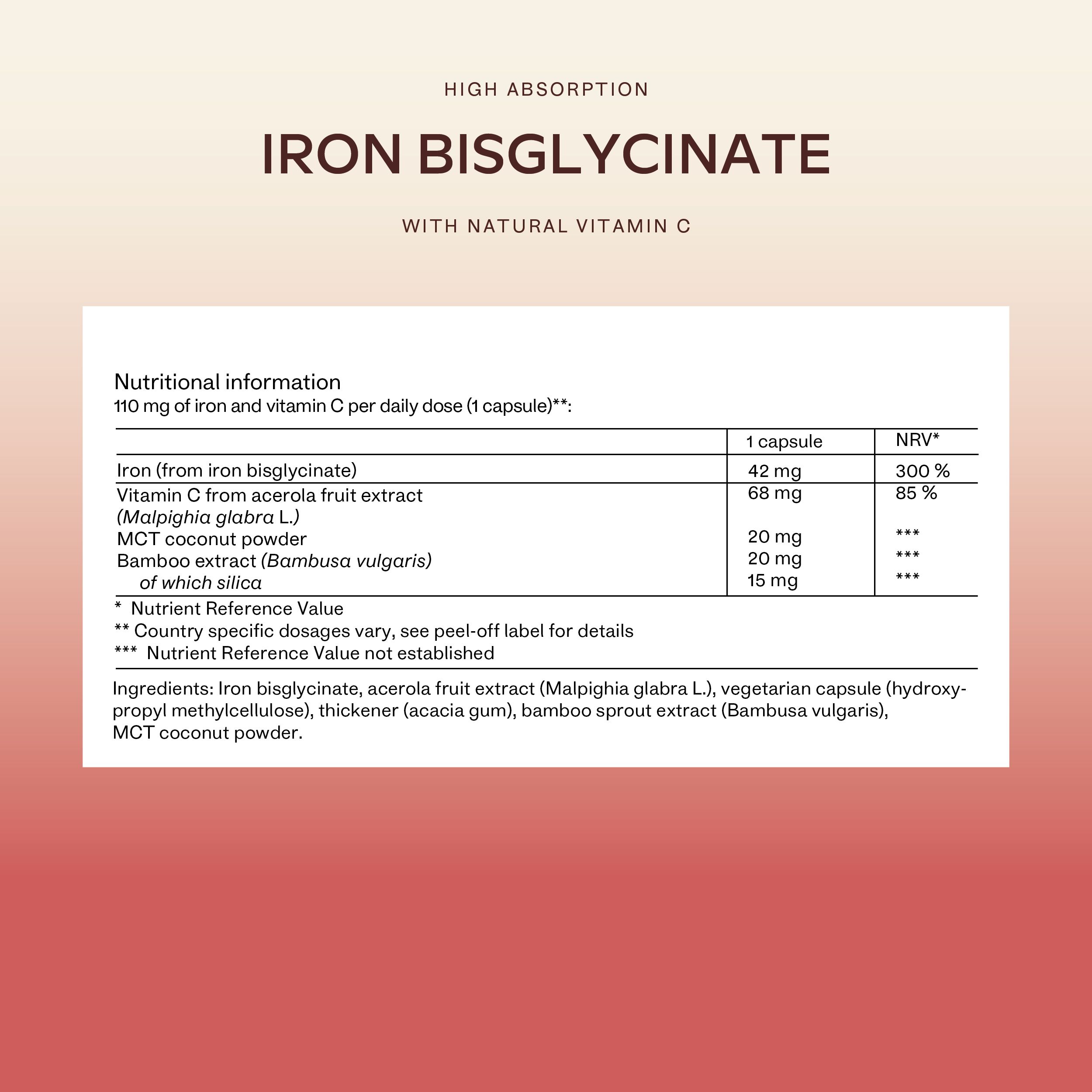 Nährwertangaben für Aavalabs Eisenbisglycinat mit Vitamin C.