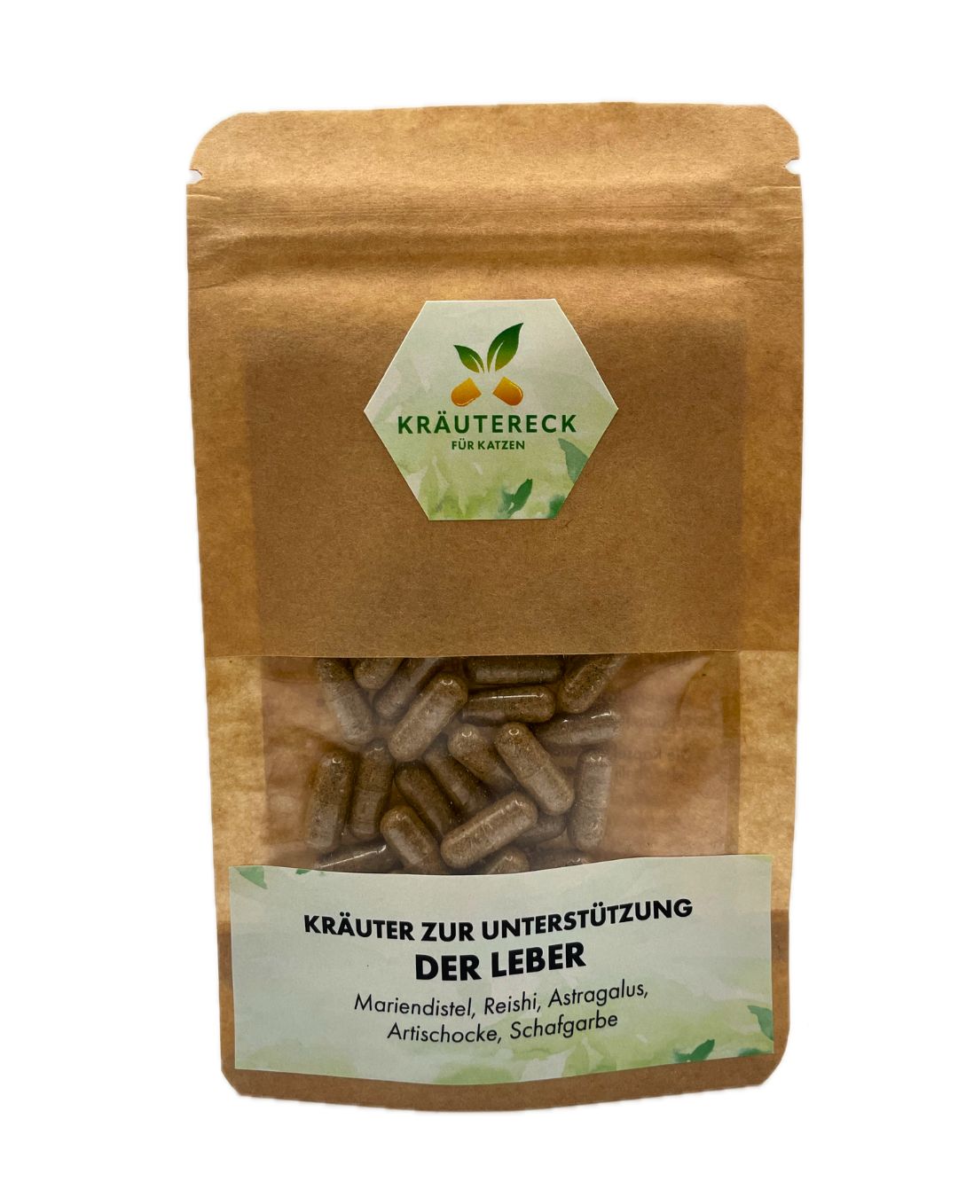 Braune Kräuterkapseln in brauner Tüte mit Sichtfenster. Aufkleber mit Logo und Schriftzug "Kräuter zur Unterstützung der Leber".