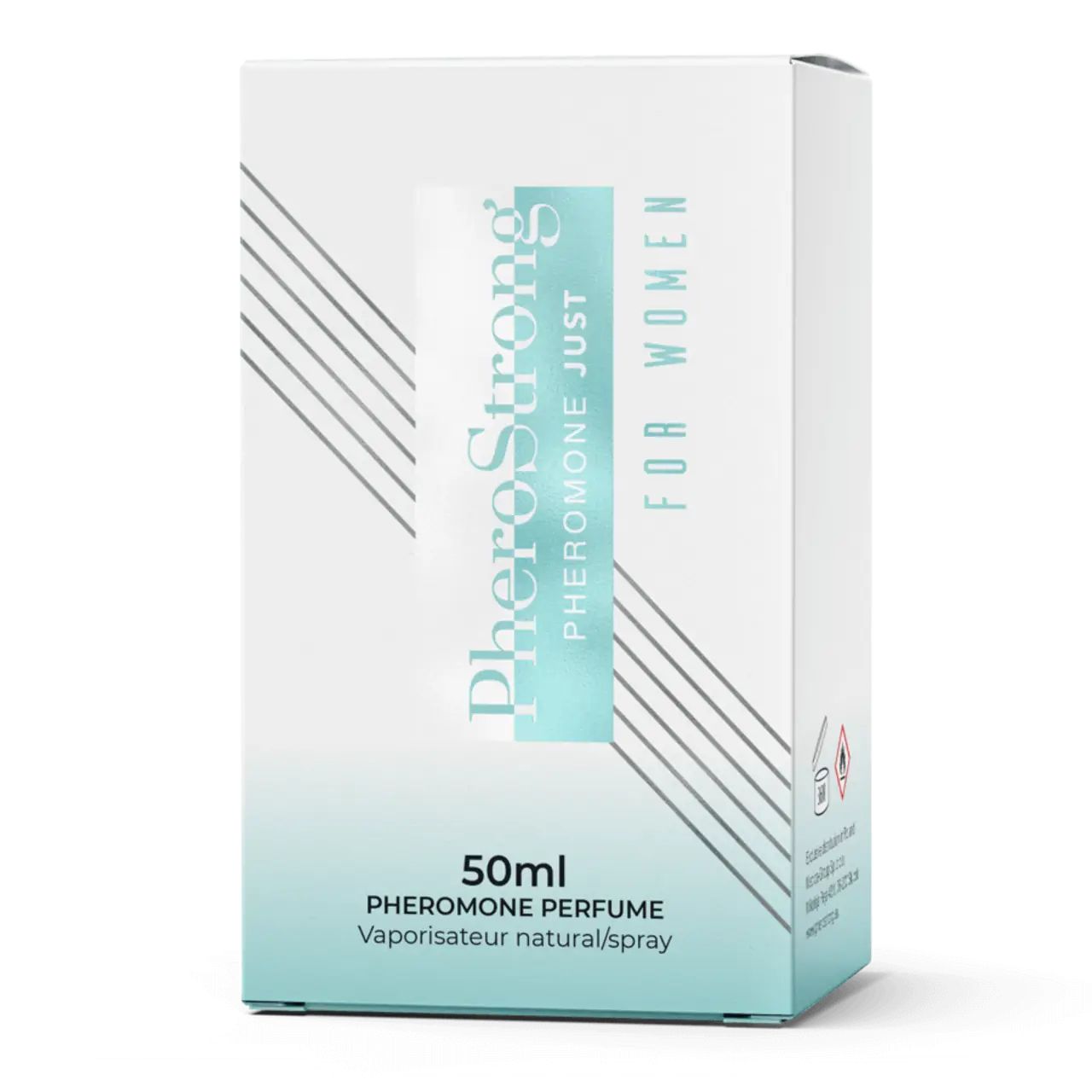 Weiße rechteckige Verpackung mit Aufschrift: PheroStrong, Pheromone Just, For Women. 50ml. Pheromon-Parfüm.