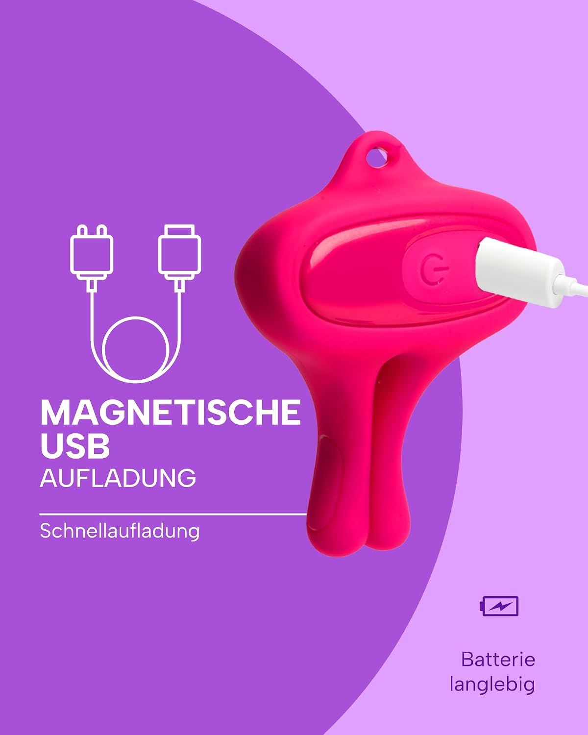 Pinker Vibrator mit magnetischem USB-Ladekabel und langer Akkulaufzeit.