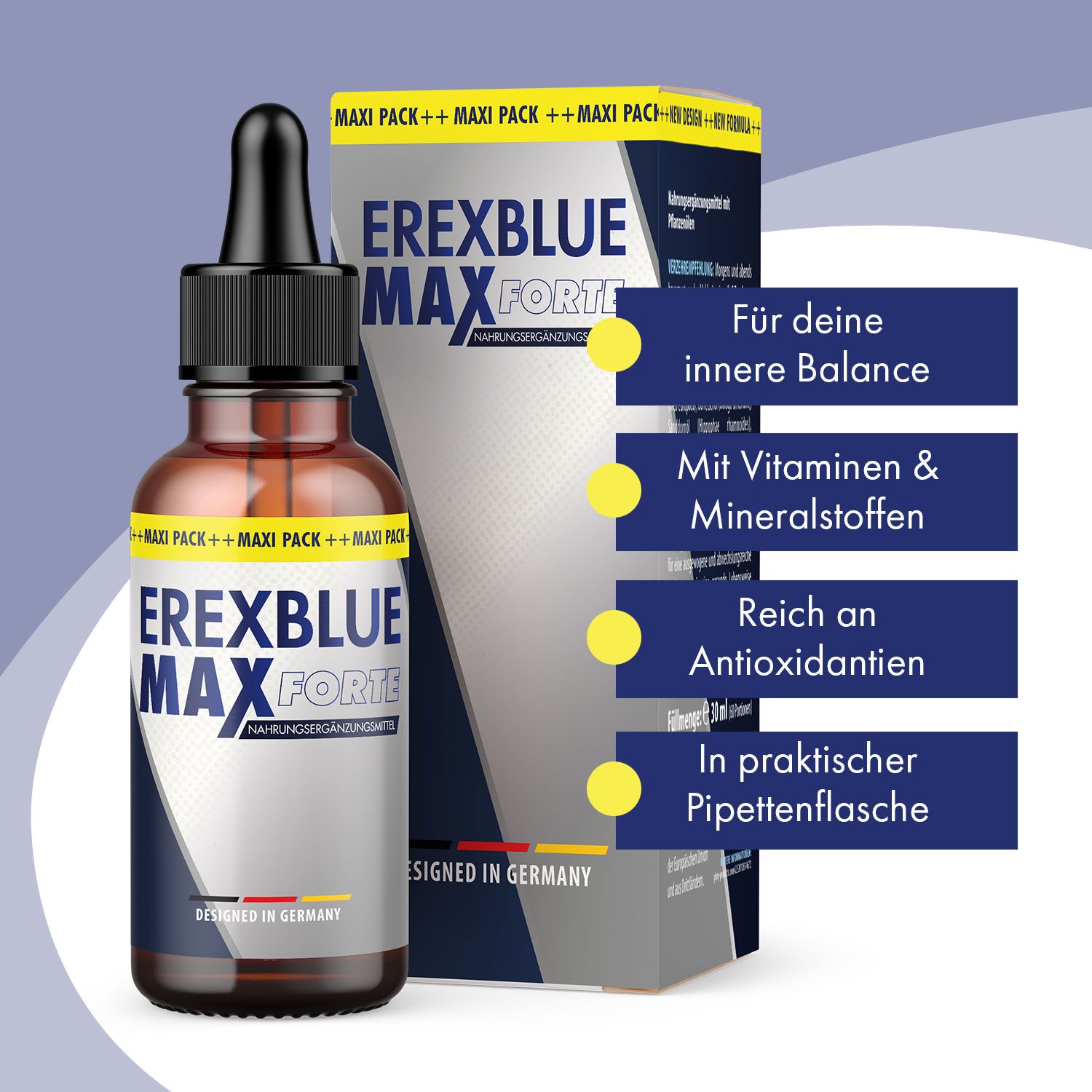 Braune Glasflasche mit schwarzem Deckel und Pipette. Aufschrift EREXBLUE MAX FORTE. Produkt und Verpackung mit Text.