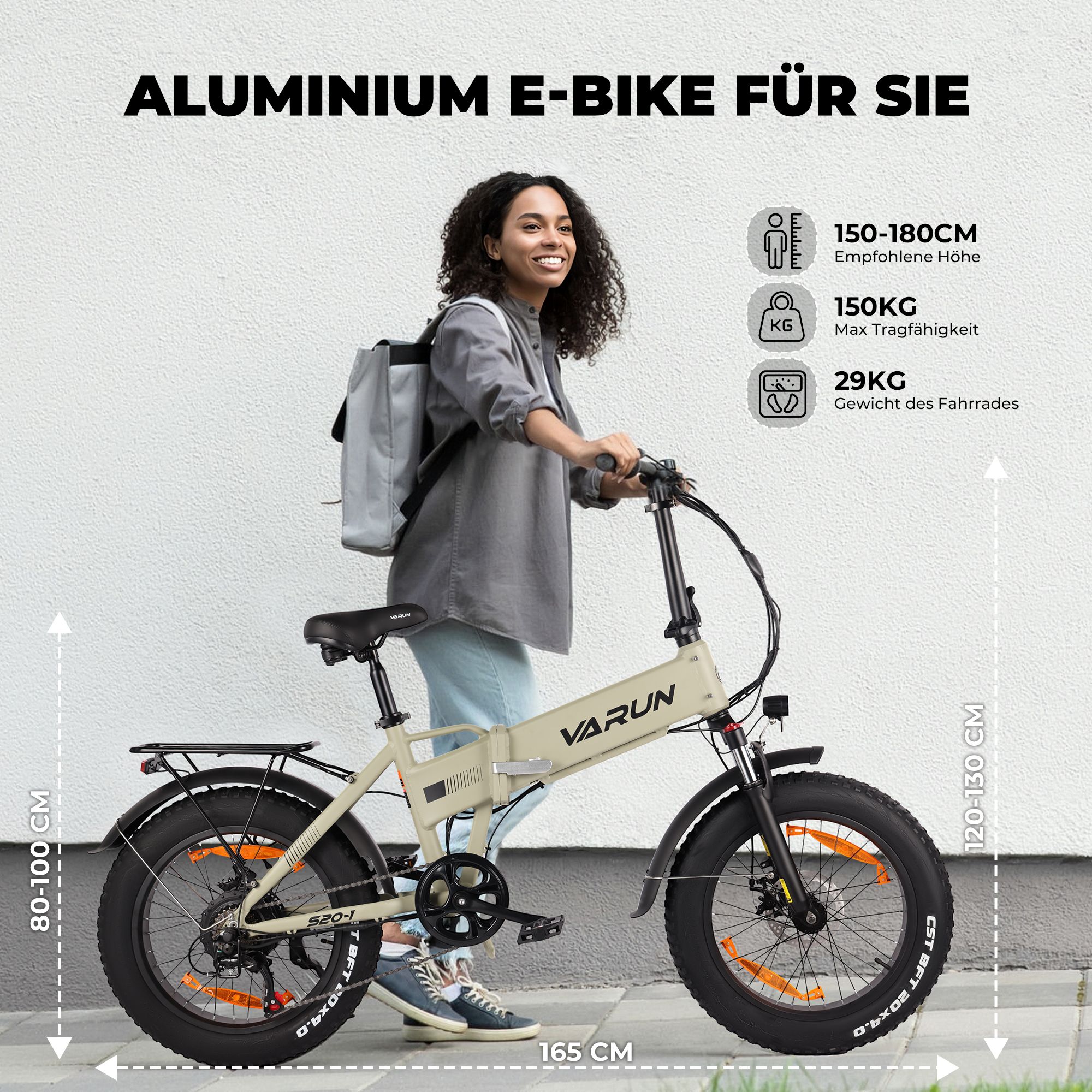 E-Bike mit Person. Beige Rahmen, schwarze Details. Maße: 150-180cm, 150kg max. Gewicht, 29kg Gewicht.