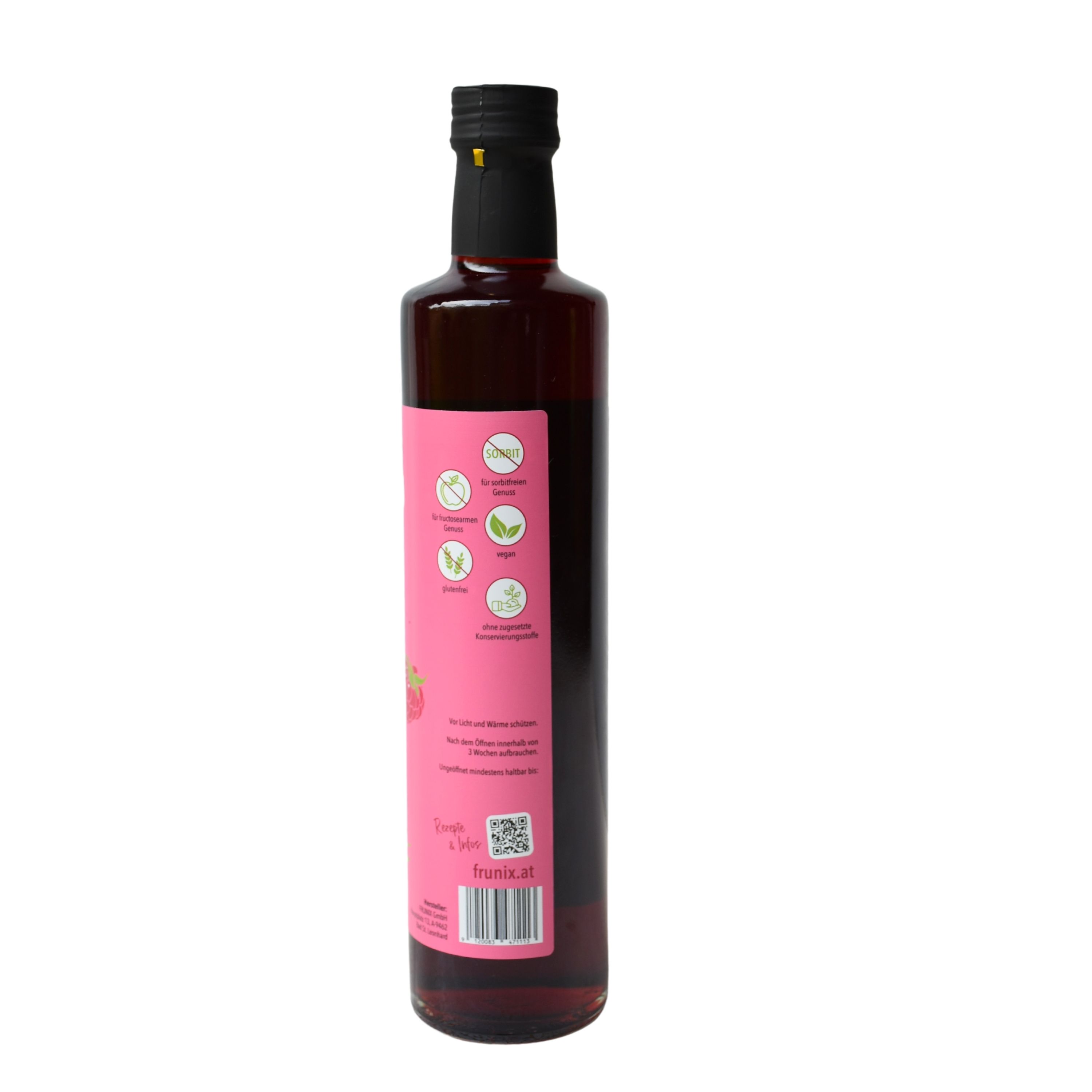 Flasche mit Himbeersirup. Rosa Etikett mit weißen Symbolen und Text. Schwarzer Verschluss. Klarer Inhalt.
