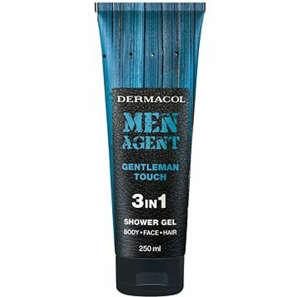 Duschgel-Tube. Marke Dermacol, Men Agent, Gentleman Touch 3in1. Blaue Tube mit schwarzem Deckel. Text: Shower Gel, Body, Face, Hair.