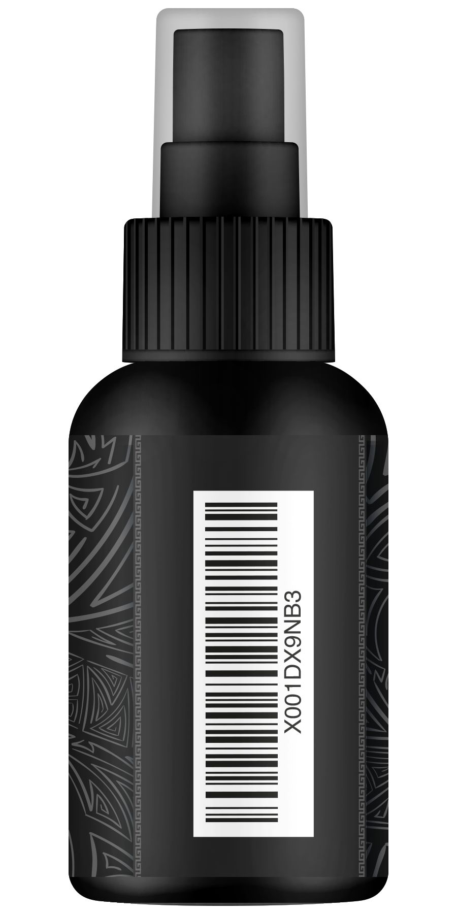 Rückseite einer schwarzen Flasche. Barcode und Text "X001DX9NB3".
