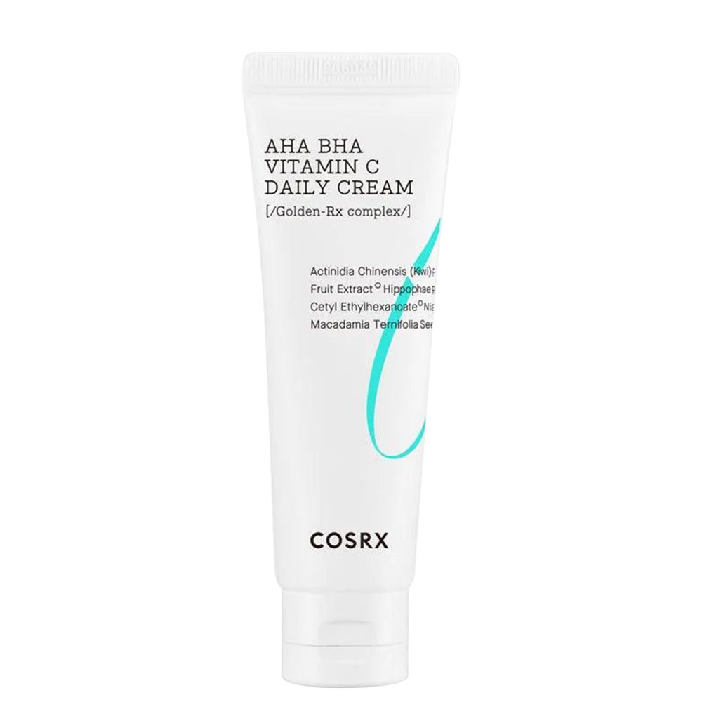 Weiße Tube mit COSRX AHA BHA Vitamin C Daily Cream. Enthält Inhaltsstoffe wie Actinidia Chinensis Frucht Extrakt.