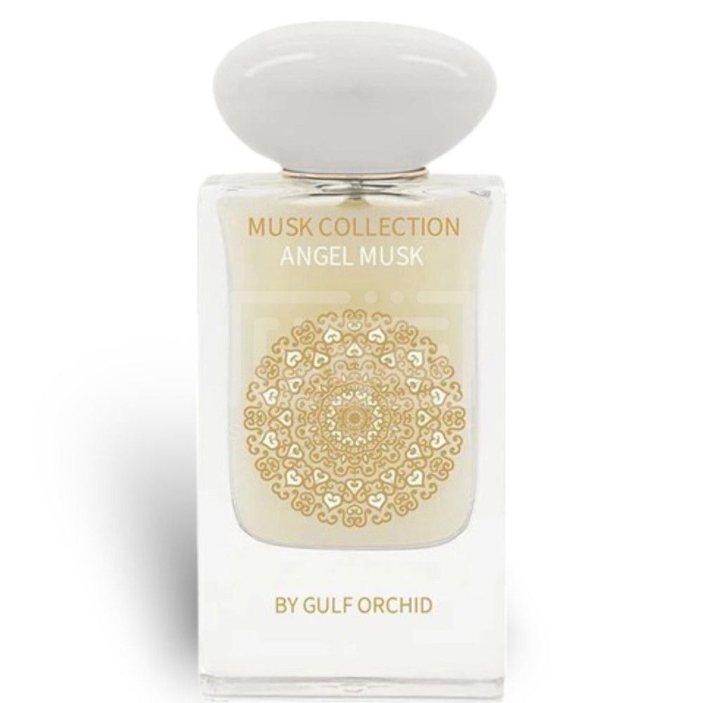 Parfümflakon mit weißem Verschluss. Aufschrift: Musk Collection Angel Musk. Unterhalb ein goldenes Muster. Unten: BY GULF ORCHID.
