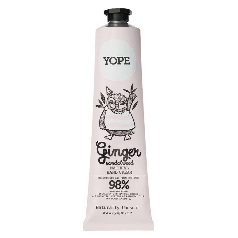 Creme-Tube, rosa. Aufschrift: Yope, Ginger Sandelholz Natural Hand Cream. Illustration eines Tieres. 98%.