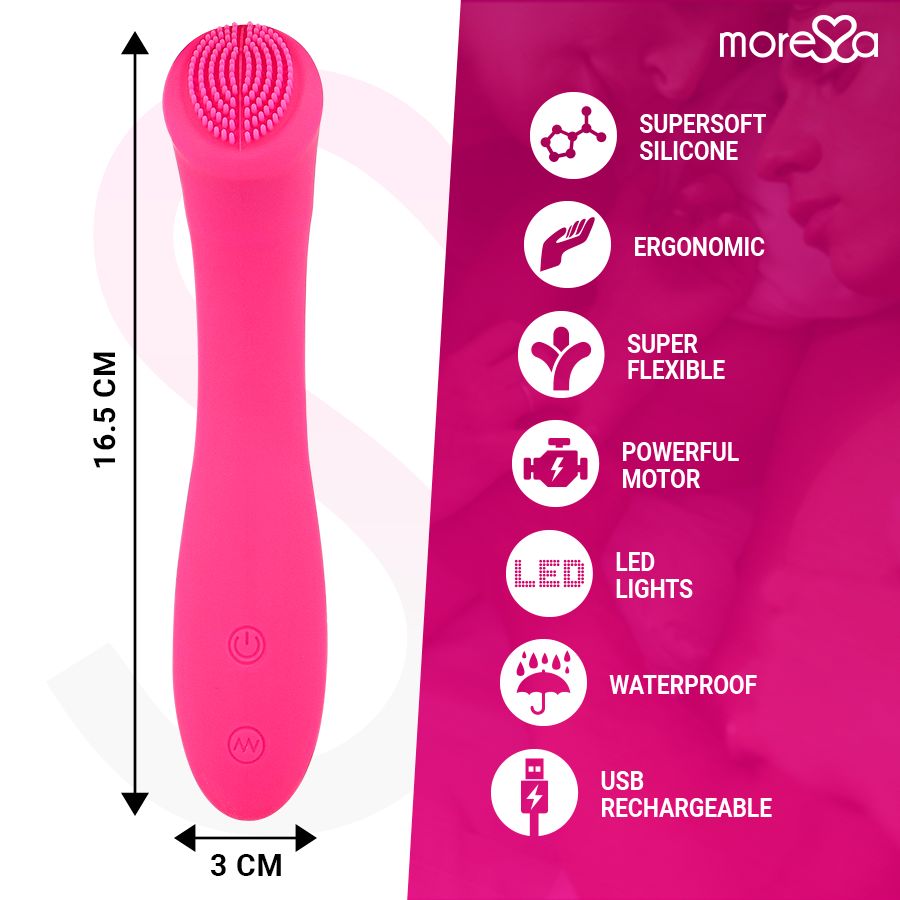 Pinker Silikon-Vibrator, 16,5 cm lang, 3 cm breit, mit Bürstenkopf und Ladeanschluss.