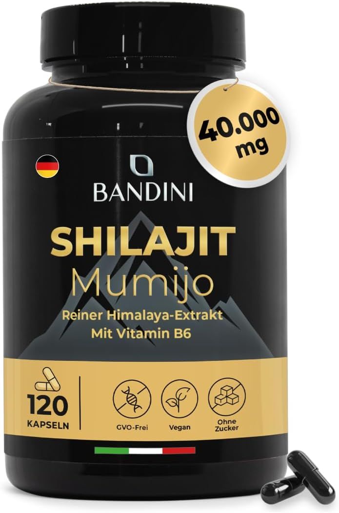 Schwarze Bandini Shilajit Mumijo Kapseln-Dose. Aufschrift: 120 Kapseln. Mit Vitamin B6. 40.000 mg.