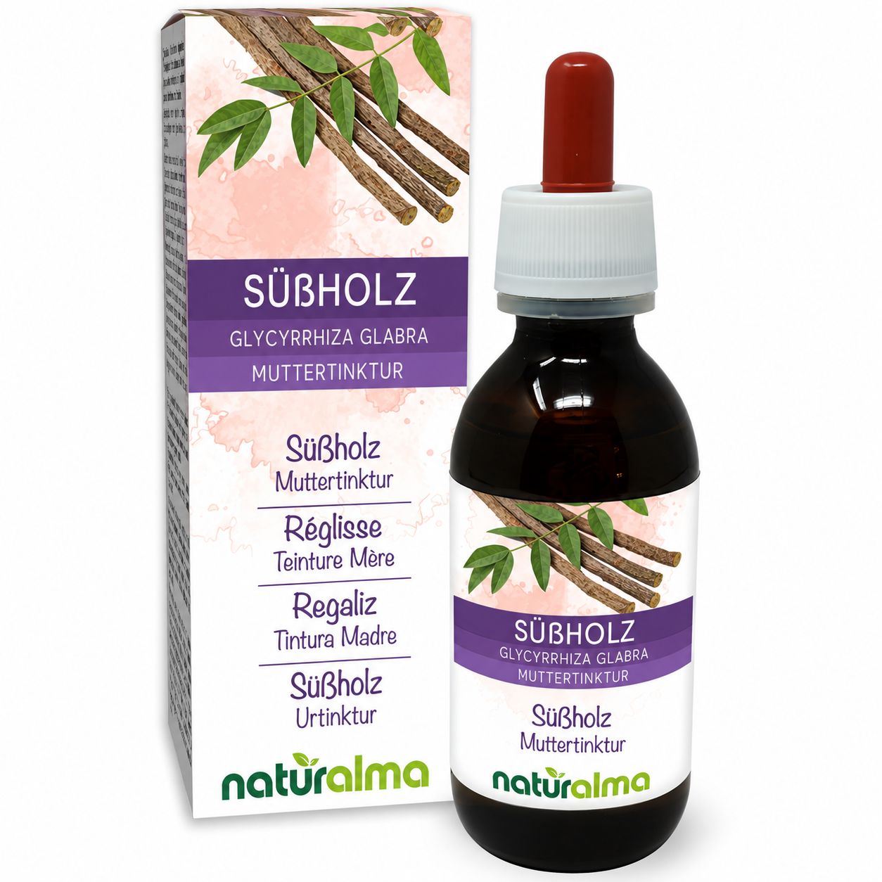 Süßholz Muttertinktur von naturalma in Braunglasflasche mit Pipette und Faltschachtel.
