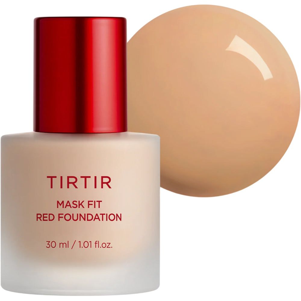 TIRTIR Mask Fit Red Foundation mit rotem Deckel. Daneben ein Farbfleck. Auf der Flasche steht der Produktname und die Menge.