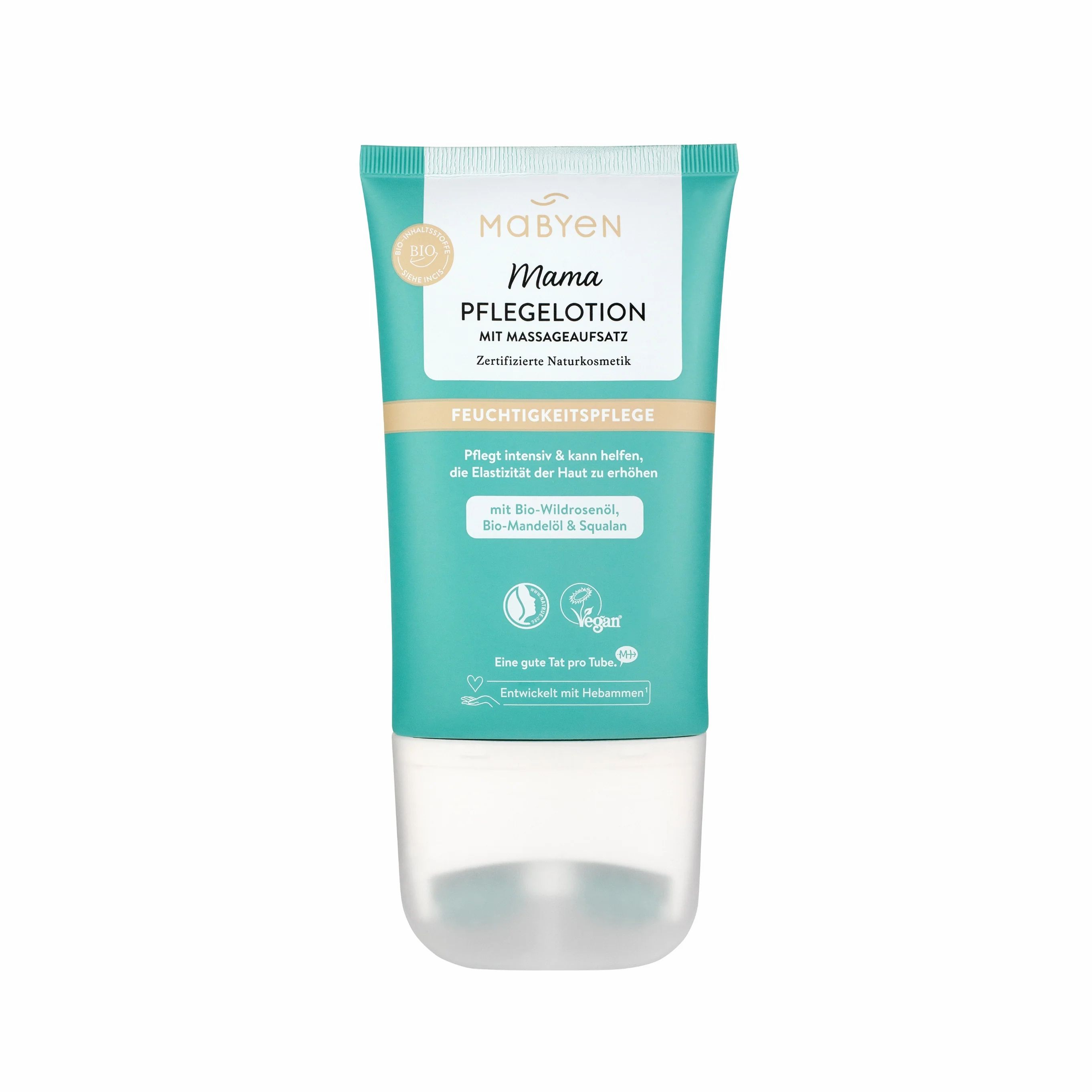 Türkis-weiße Tube MABYEN Pflegelotion Mama mit Massageaufsatz. Text: Feuchtigkeitspflege, Bio-Wildrosenöl, Bio-Mandelöl & Squalan.