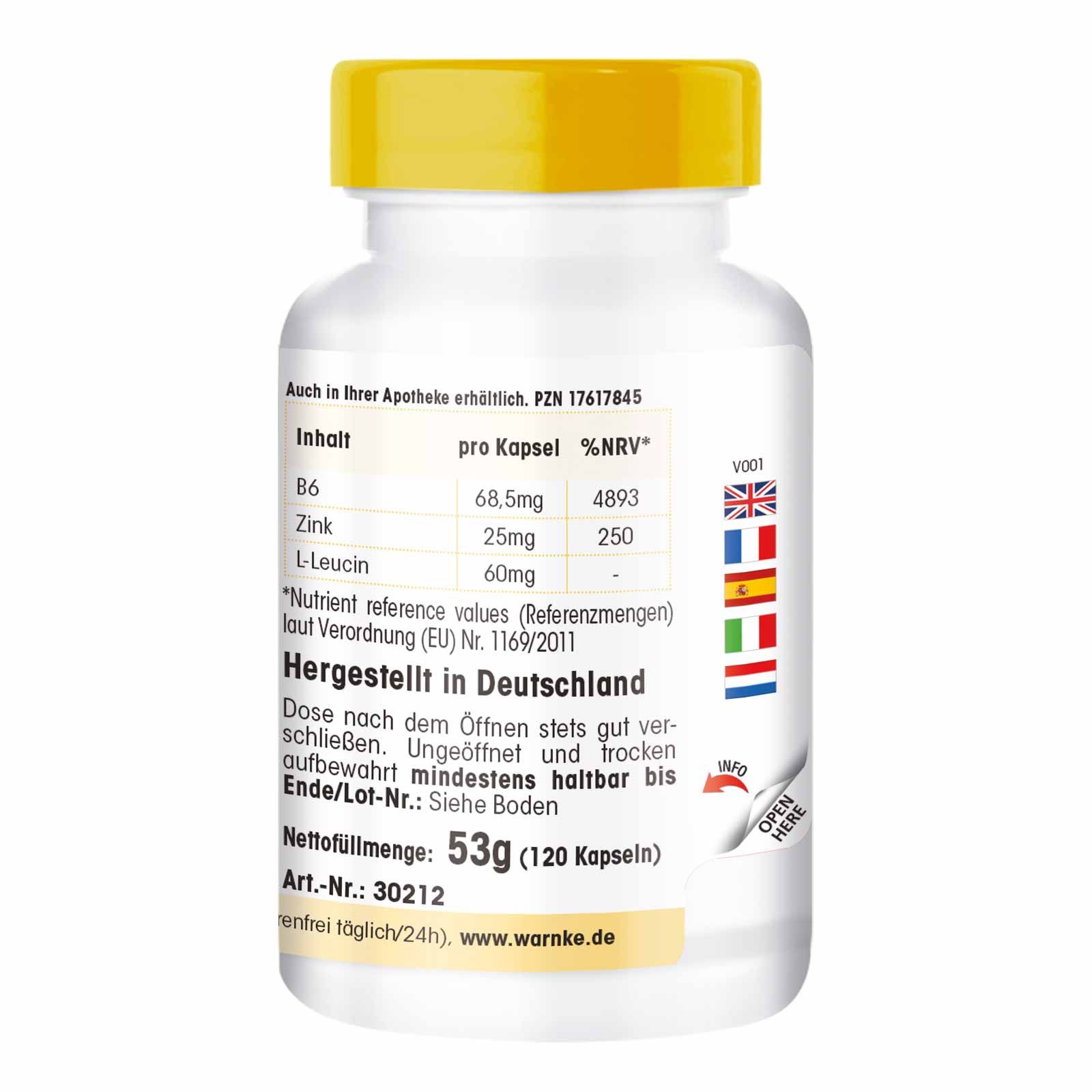 Flasche mit gelbem Deckel. Text: Inhalt pro Kapsel, %NRV, Hergestellt in Deutschland, Nettomenge 53g (120 Kapseln).
