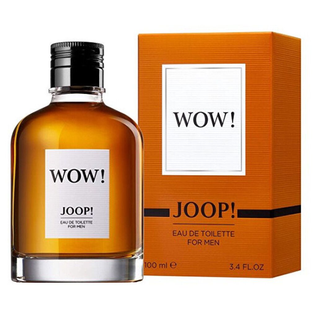 Joop! Wow EdT Flakon und Verpackung. Flakon mit schwarzem Verschluss, orangefarbene Verpackung mit weißem Schriftzug.