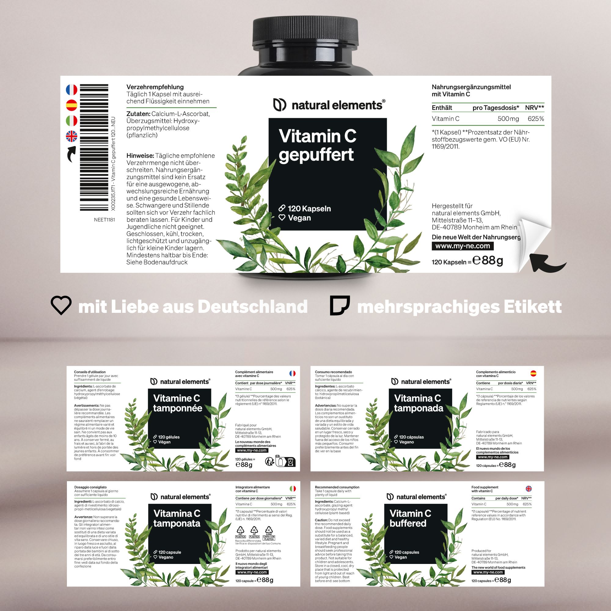 Produktetikett mit mehrsprachigen Informationen. Enthält Informationen zu Vitamin C gepuffert. Marke: natural elements. Mehrere Etiketten mit verschiedenen Sprachen.