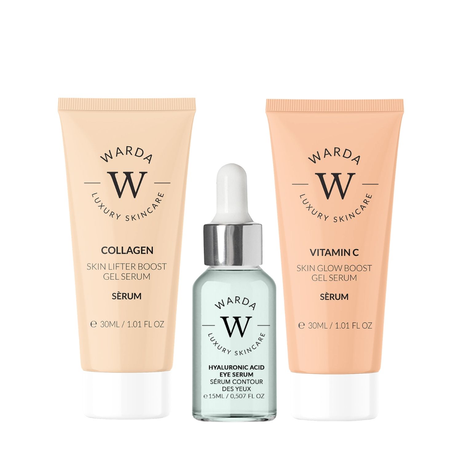 Warda Luxury Skincare Set. Drei Produkte: zwei Tuben, eine Flasche. Collagen, Vitamin C, Hyaluronsäure. Weißes Logo.