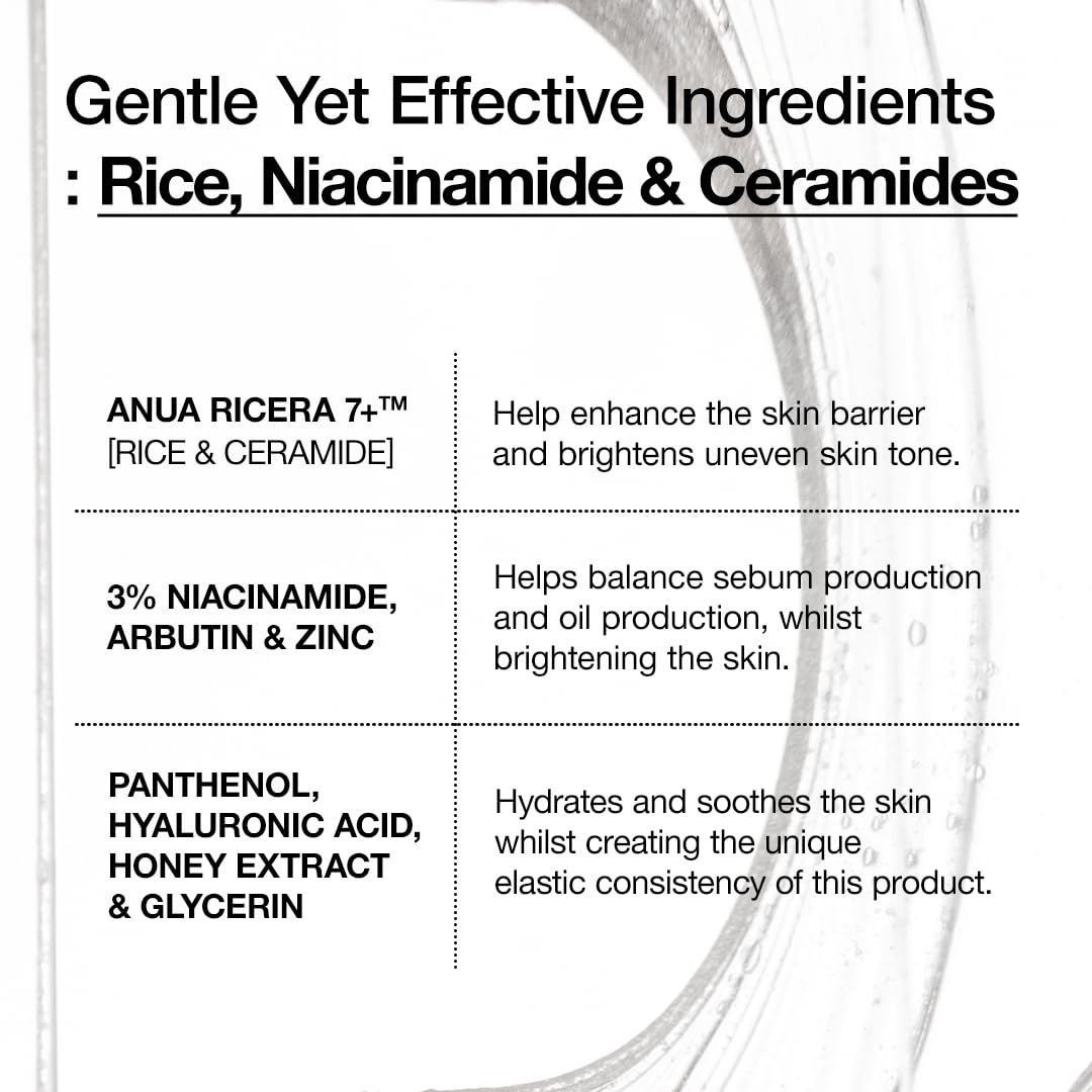 Textfeld mit Inhaltsstoffen. Text: Rice, Niacinamide & Ceramides. Anua Ricera 7+ [Rice & Ceramide]. 3% Niacinamide, Arbutin & Zinc.