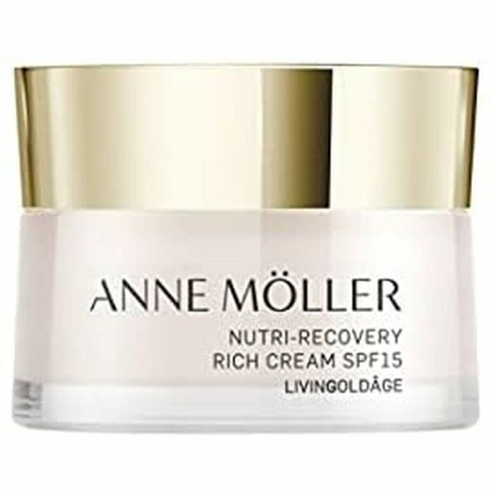 Creme-Glas mit goldenem Deckel. Aufschrift: ANNE MÖLLER, Nutri-Recovery Rich Cream SPF15, Livingoldâge.