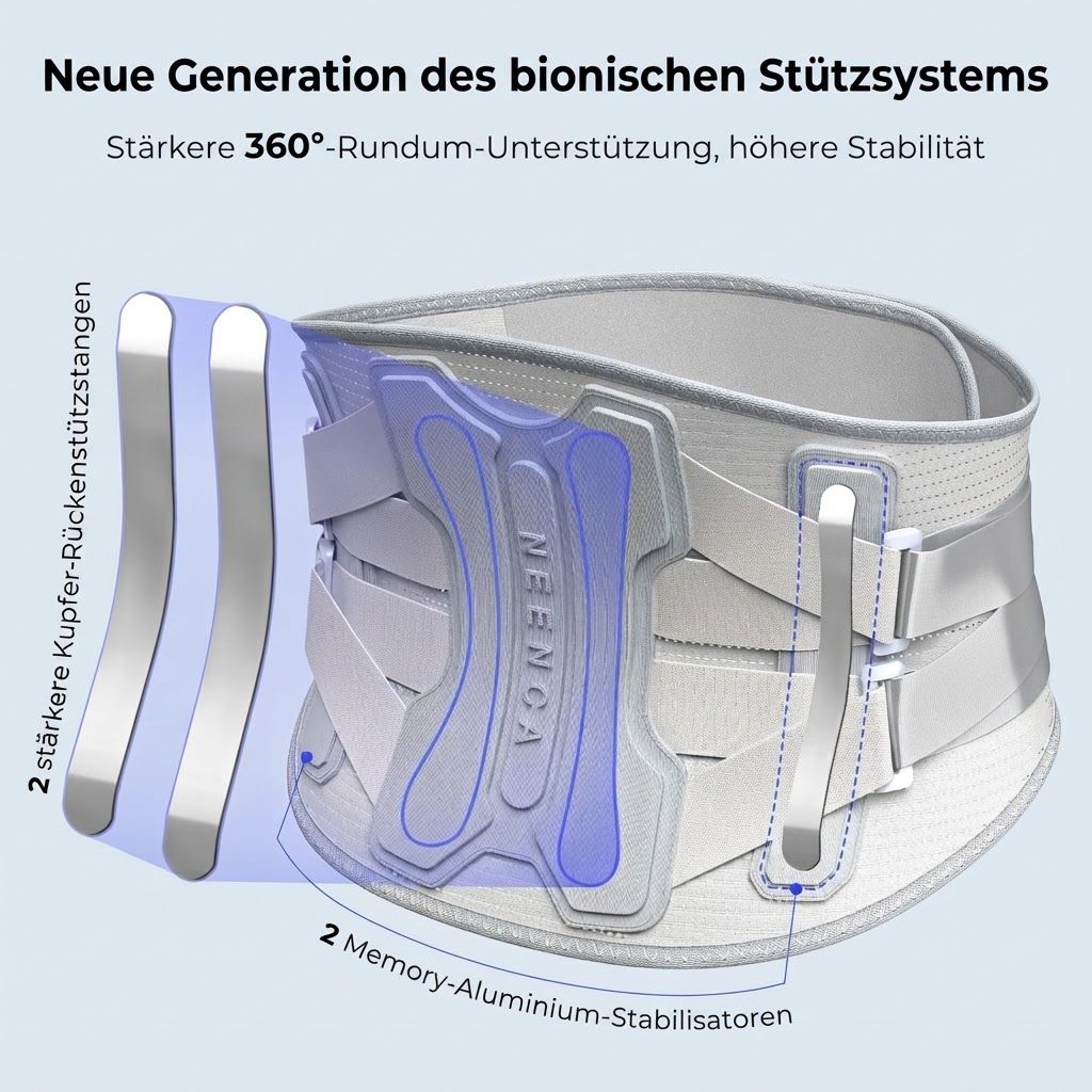 Weißer Rückenstützgurt mit bionischem Stützsystem, Kupferstabilisatoren und Memory-Streifen.