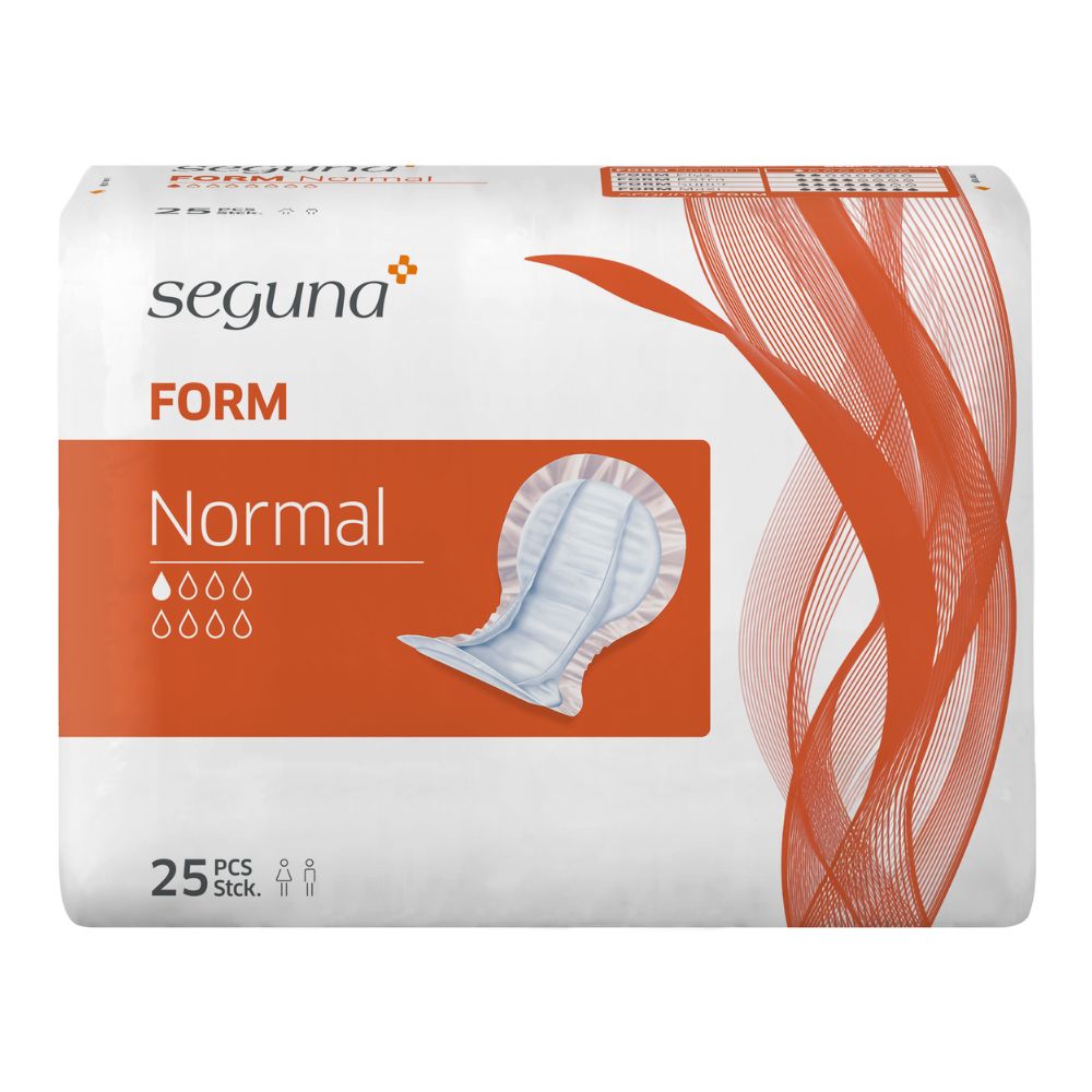 Verpackung von SEGUNA Form Normal. Weißer Hintergrund mit orangefarbenem Rechteck und Wellenmuster. Produktbezeichnung, Saugstärke und Stückzahl.