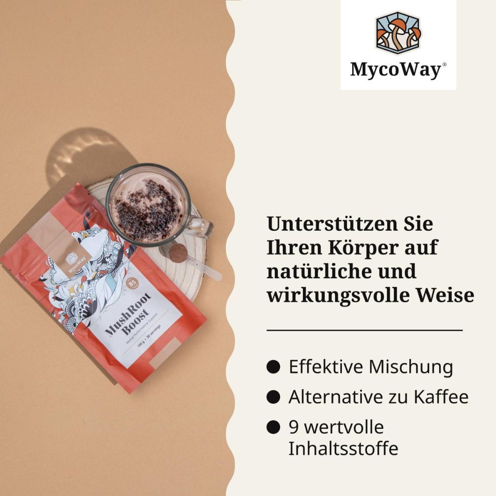 Beutel MycoWay MushRoot Boost, Tasse mit Getränk. Text: Unterstützen Sie Ihren Körper auf natürliche Weise. Effektive Mischung, Alternative zu Kaffee.
