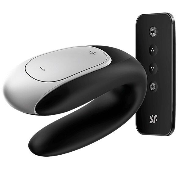 Schwarzer Partner-Vibrator mit silbernem Akzent und Fernbedienung.