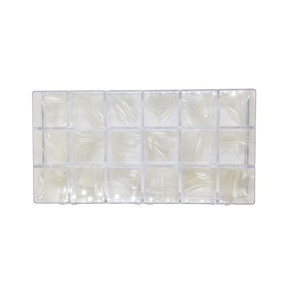 Rechteckige transparente Box mit mehreren transparenten Nagelspitzen.