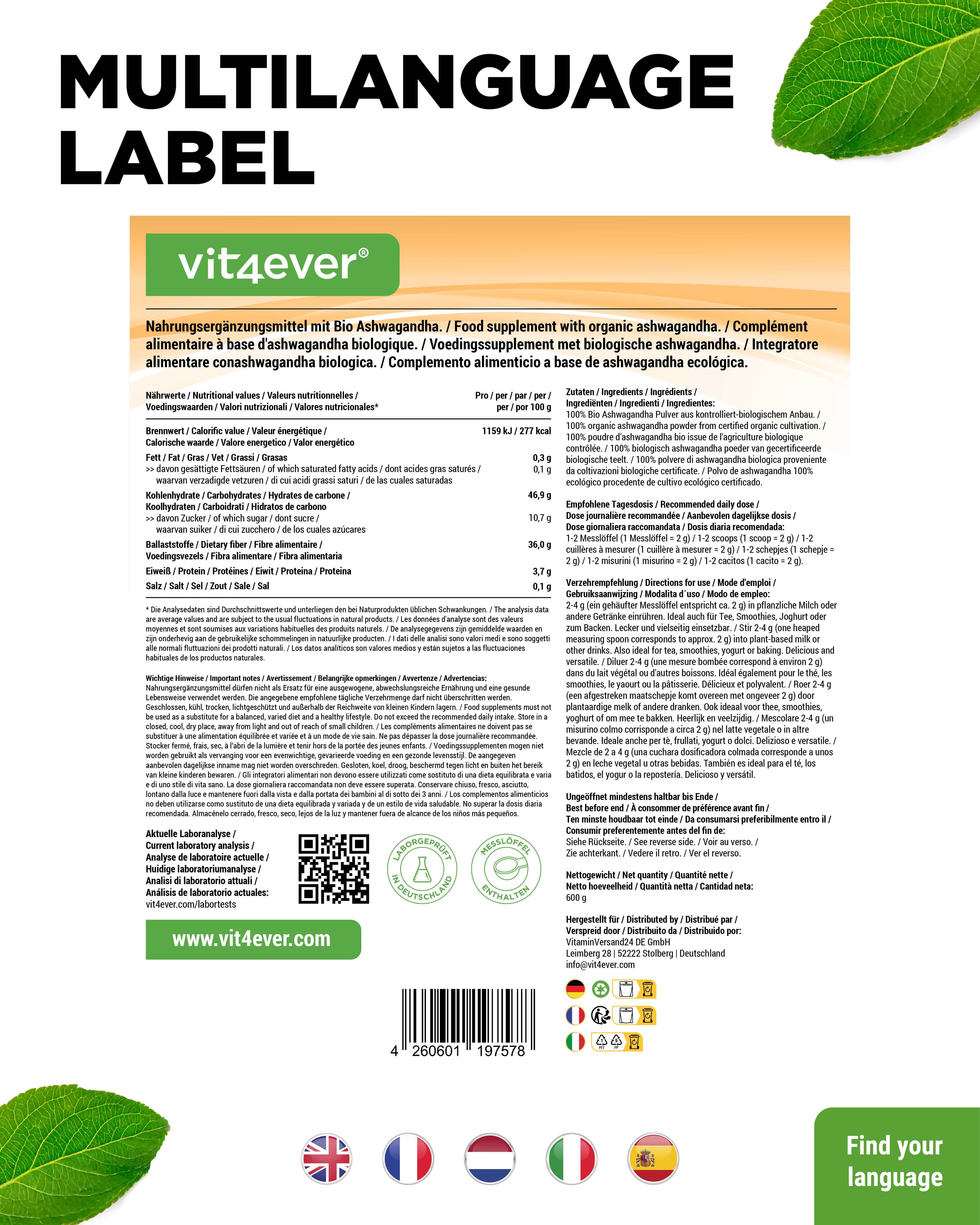 Mehrsprachiges Etikett. Nährwertangaben, Zutaten, etc. Beutel mit „BIO Ashwagandha Pulver“. Braunes Pulver. 600 g. Flaggen.