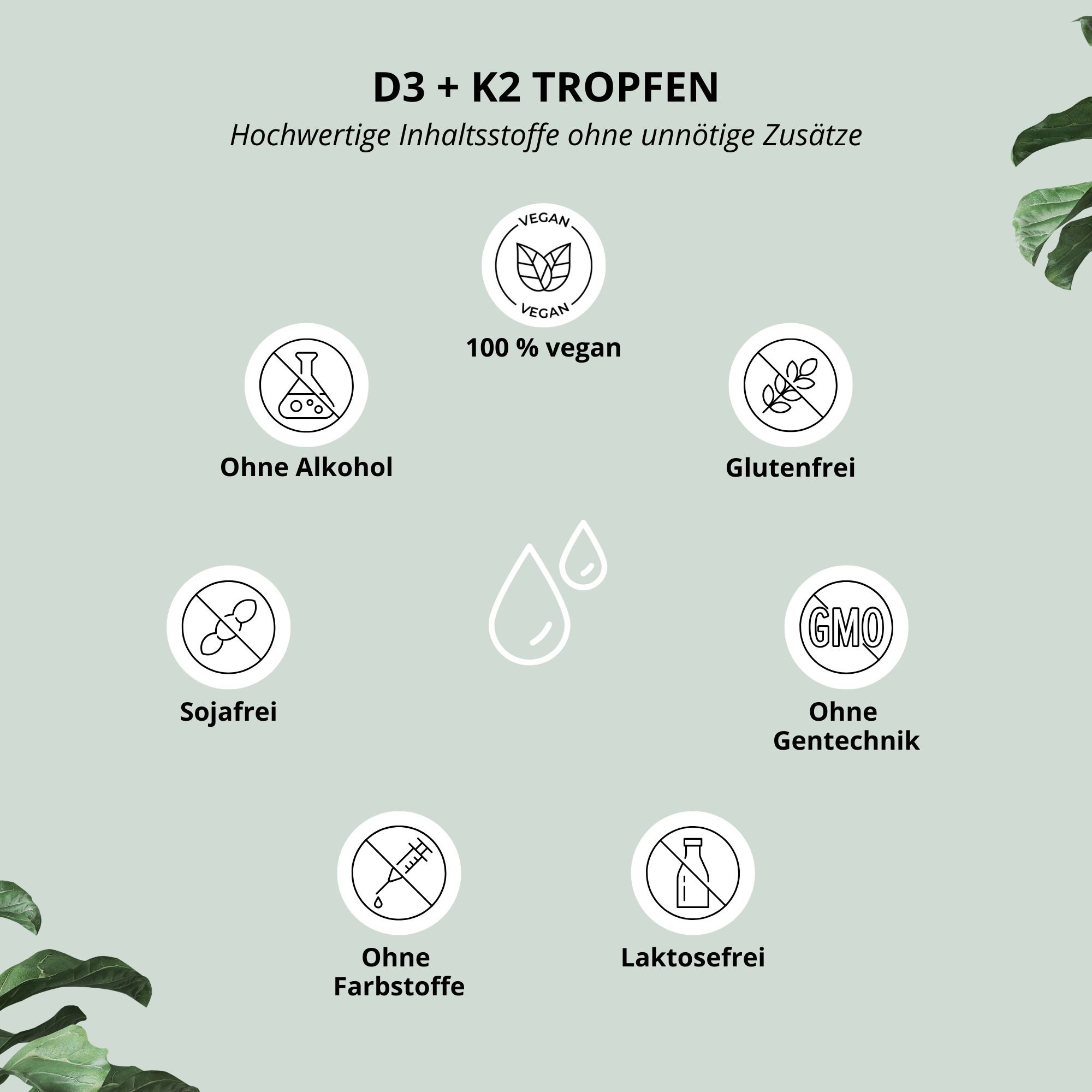 Grafik mit Icons. 100% vegan, ohne Alkohol, glutenfrei, sojafrei, ohne Gentechnik, ohne Farbstoffe, laktosefrei. Tropfen-Symbol.