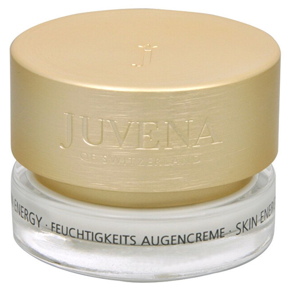 Cremebehälter mit goldfarbenem Deckel. Aufschrift: JUVENA OF SWITZERLAND. Text: SKIN ENERGY, FEUCHTIGKEITS AUGENCREME.