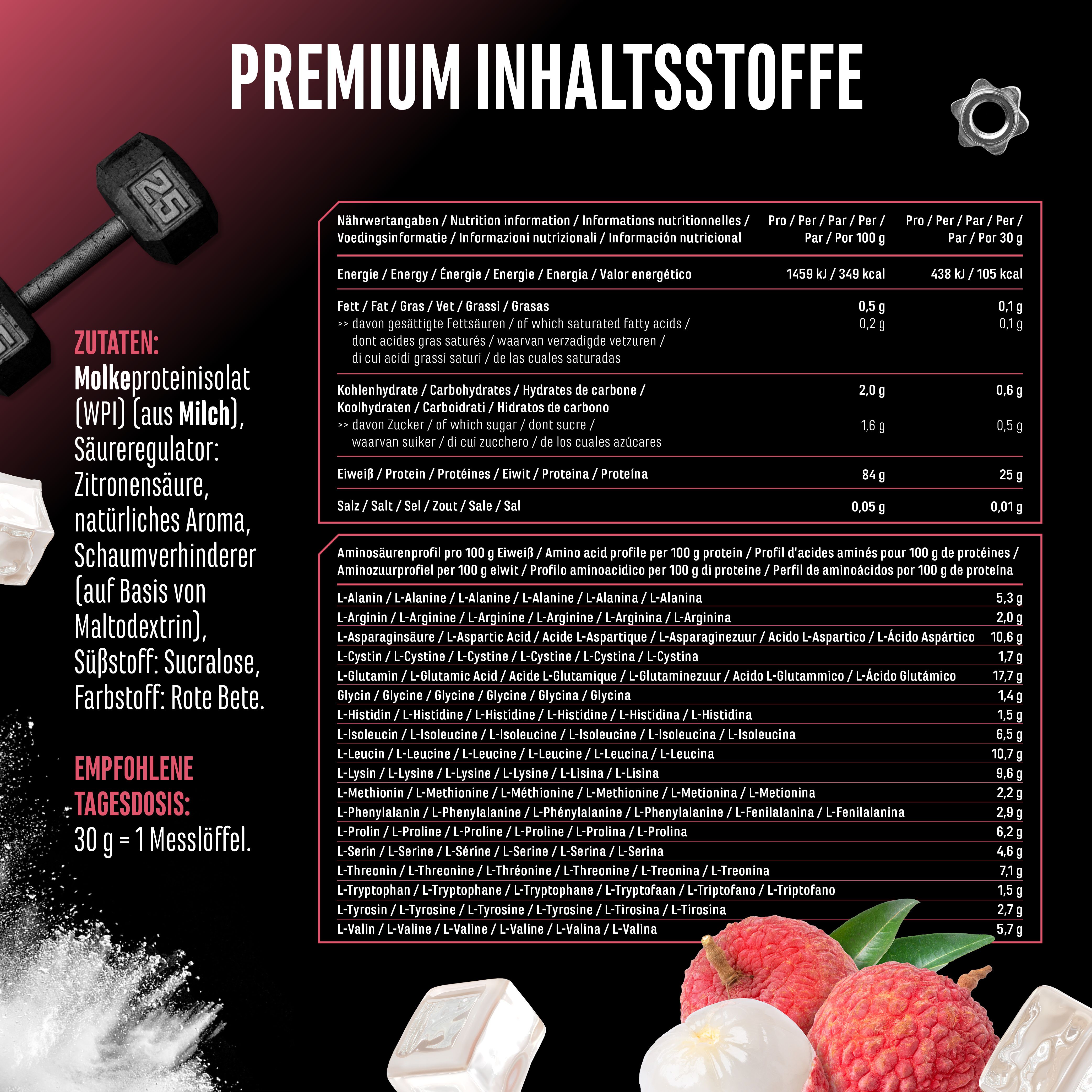 Nährwerttabelle für "CLEAR WHEY". Enthält Informationen zu Energie, Fett, Kohlenhydraten, Eiweiß und Aminosäurenprofil.