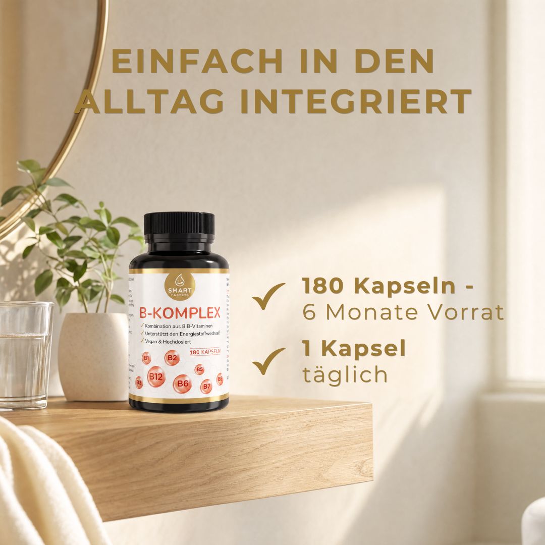 Smart Fasting B-Komplex Flasche auf einem Regal, daneben ein Glas Wasser.