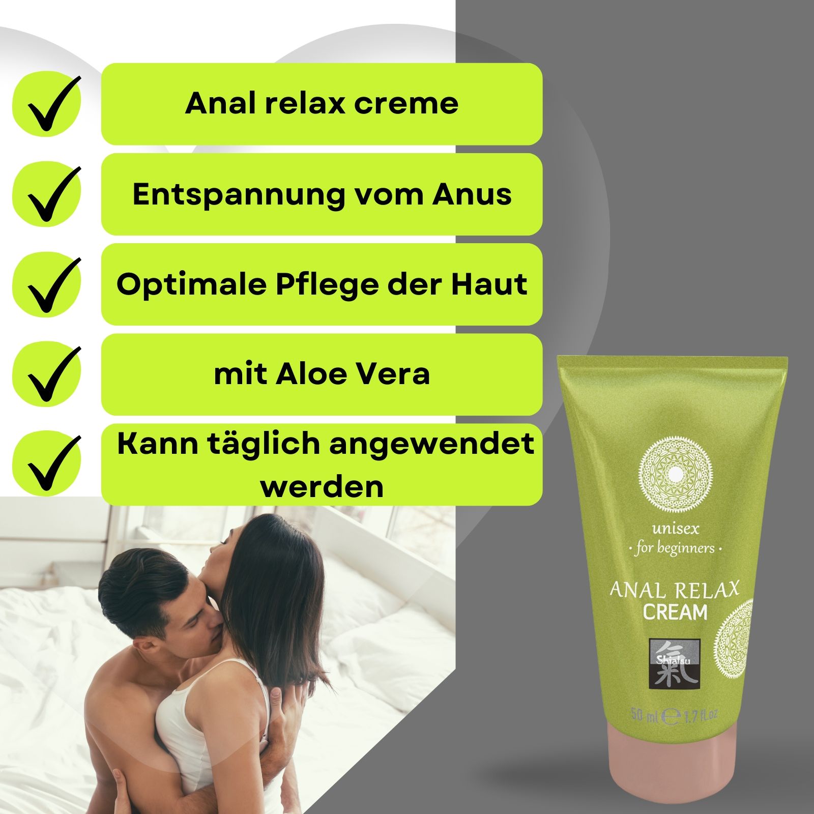 Grüne Tube. Text: ANAL RELAX CREAM, unisex for beginners. Logo. Rosa Kappe. 50 ml. Check-Zeichen. Paar im Hintergrund.
