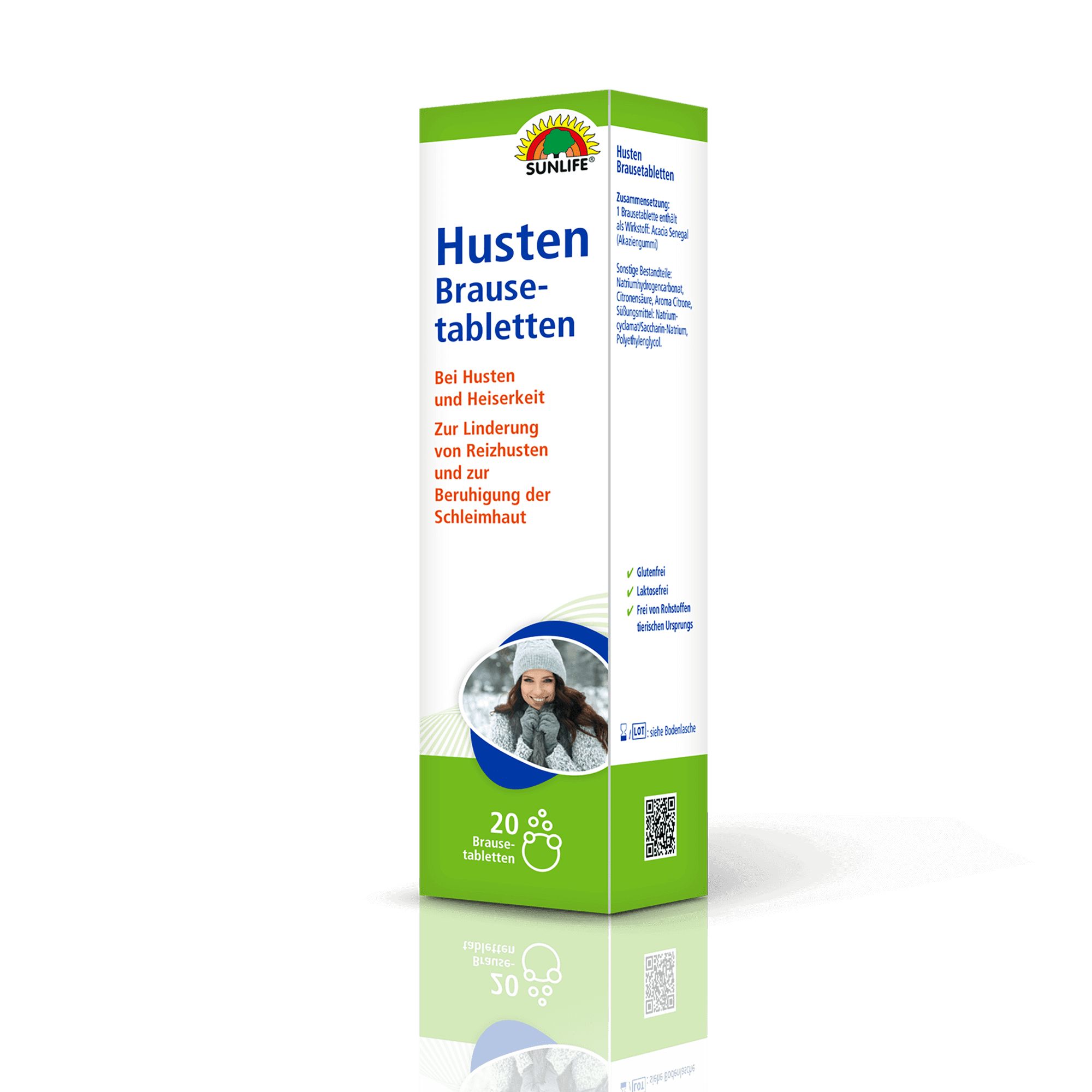 Grüne und weiße Schachtel mit SUNLIFE-Logo und Husten Brausetabletten. Enthält 20 Brausetabletten. Abbildung einer Frau im Winter.