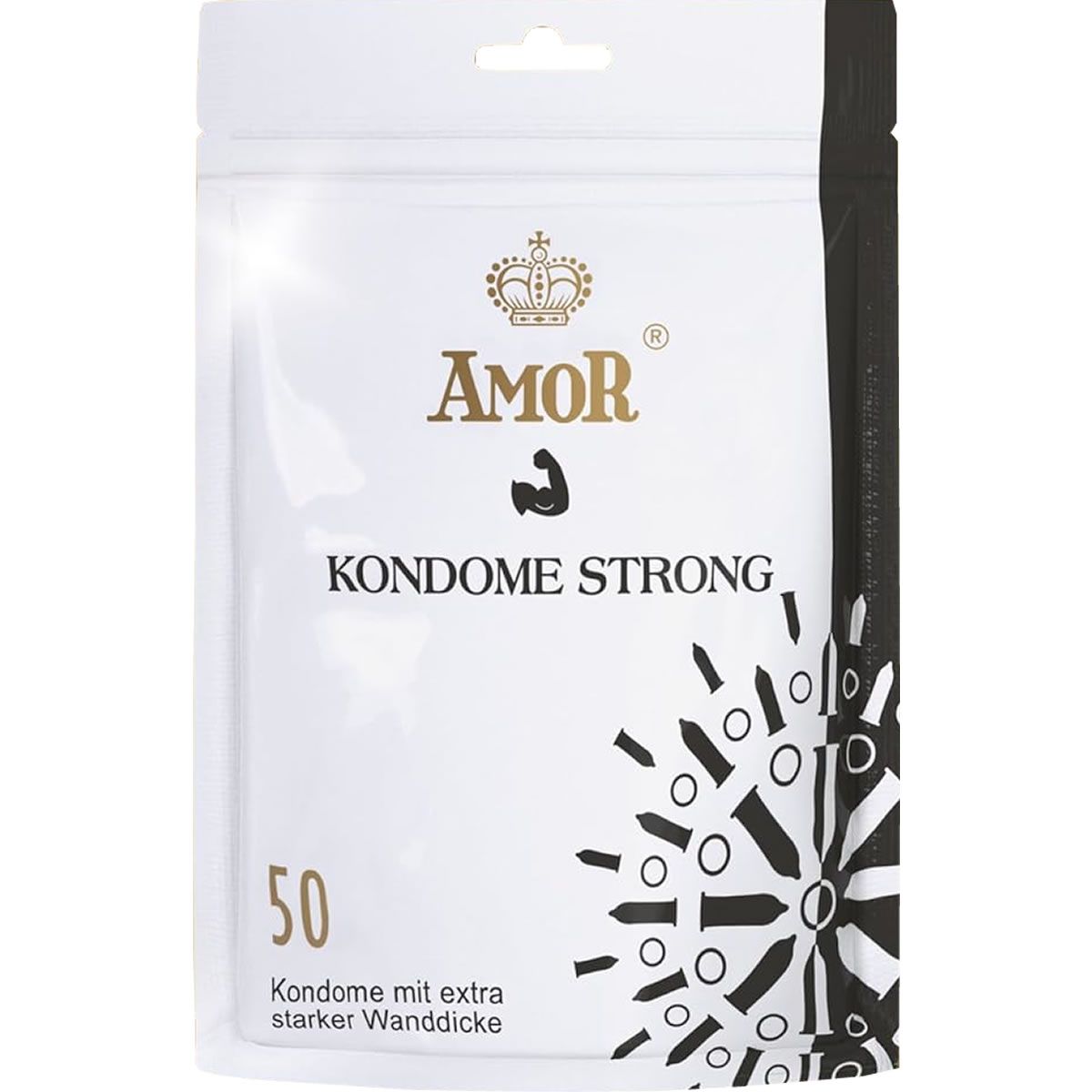 Verpackung mit Kondomen. Aufschrift AMOR, KONDOME STRONG, 50. Schwarze und weiße grafische Elemente.